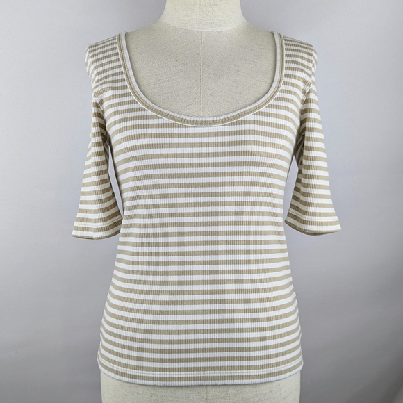 Faherty Tee Freestyle Rib Knit Short Sleeve Pima Blend Neutral Desi Stripe M NWT - Picture 1 of 14